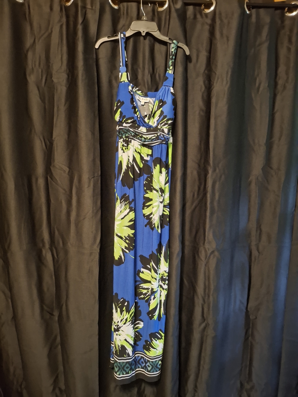 Blue Floral Maxi Dress with Green Accents